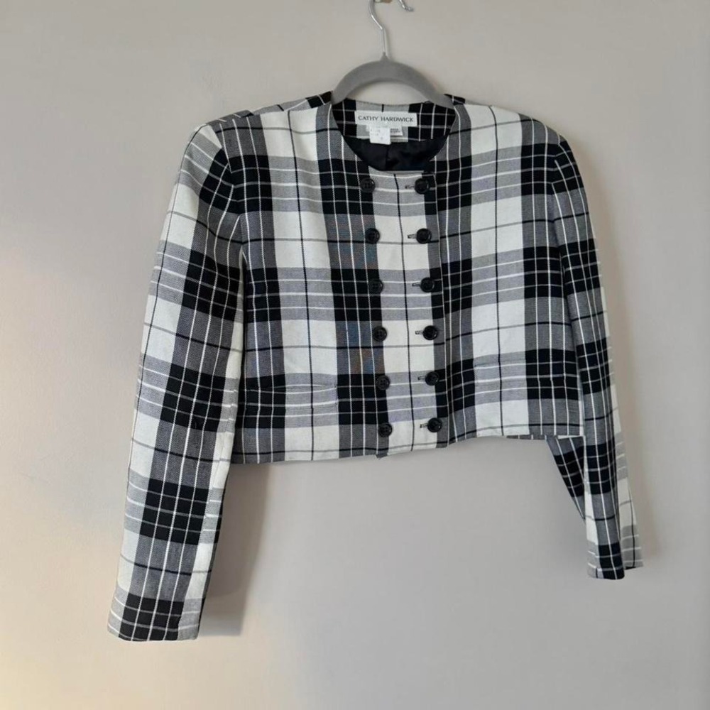 Vintage Black + White Plaid Cropped Blazer Preppy